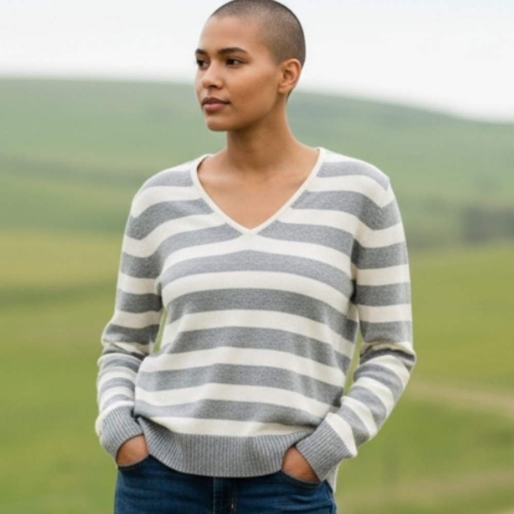 Izod Gray and White Striped V-Neck Sweater